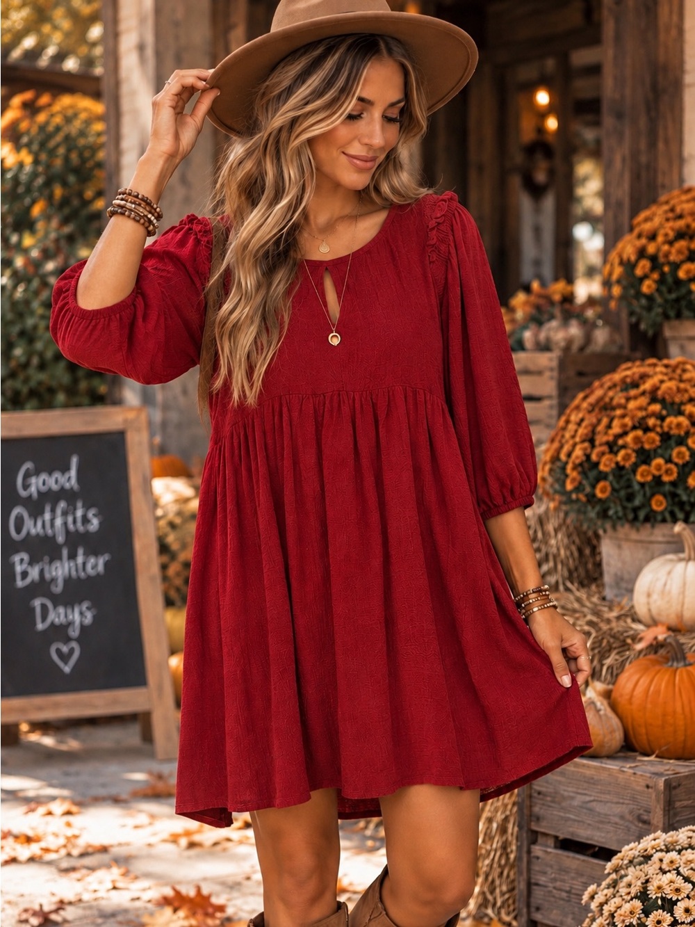 Umgee Red Boho Babydoll Dress Size M Puff Sleeve Ruffle Cottagecore